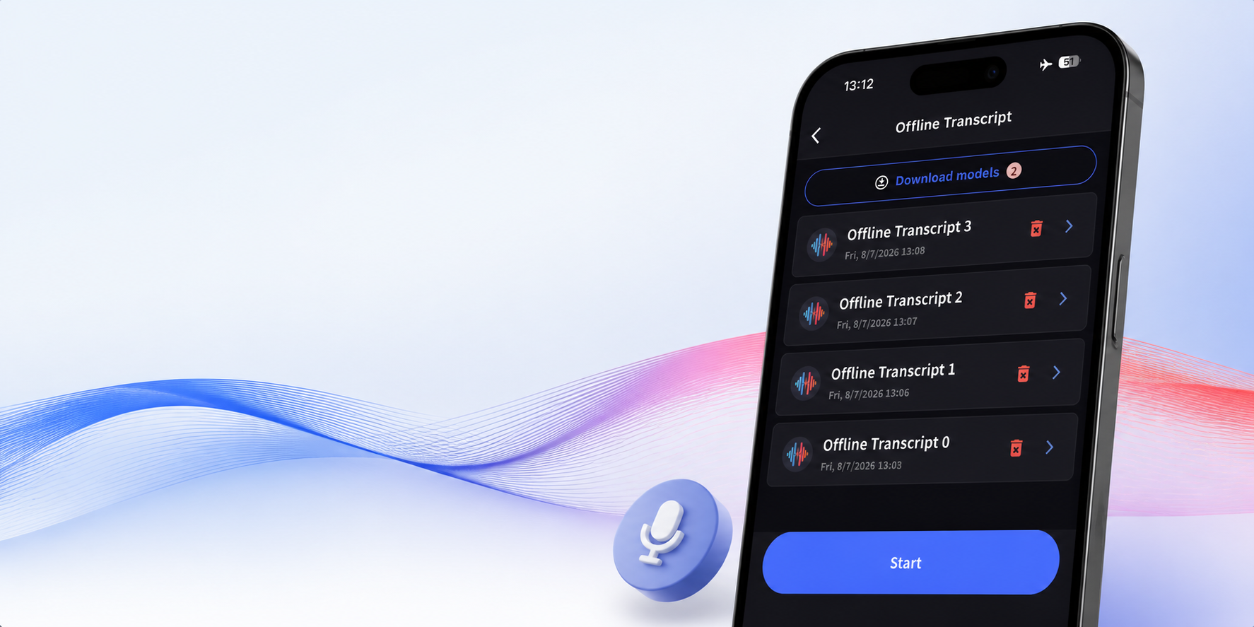VoicePing Offline Transcript sessions displayed on a mobile phone