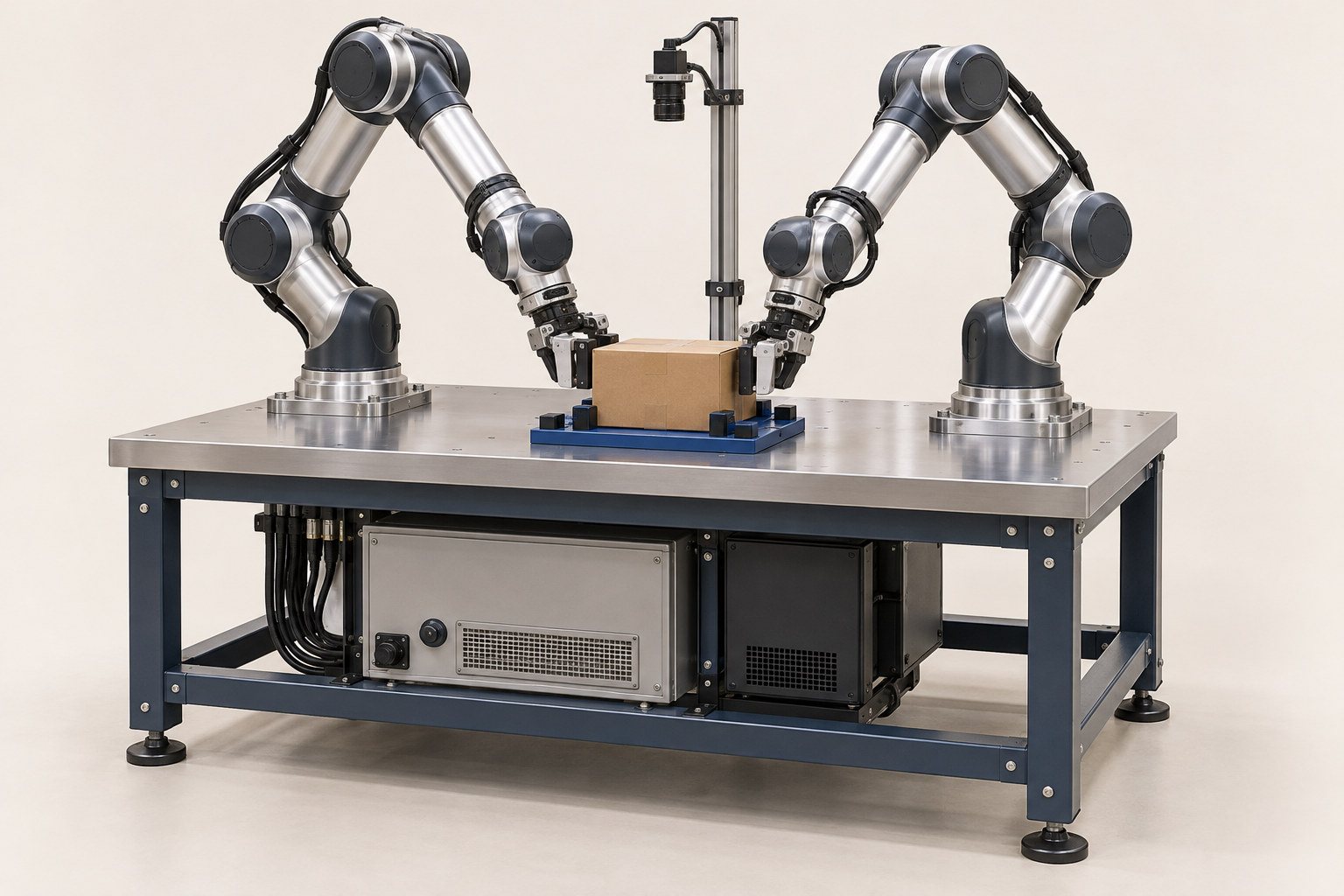 Illustrative dual-arm workstation with both robot arms visibly mounted on one workbench, with machine vision and a carton-handling fixture.