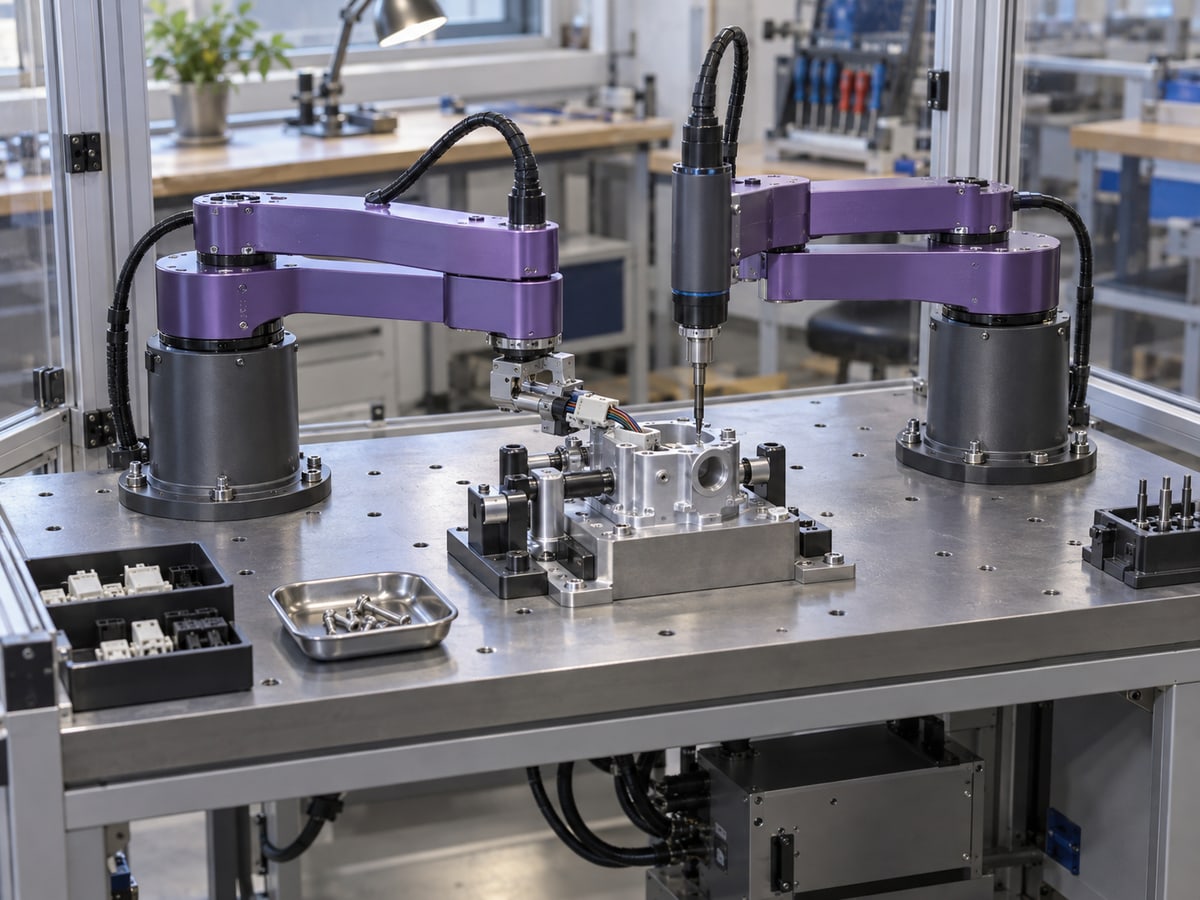 Industrial concept visualization of a compact two-arm precision cell positioning a connector and screwdriver over a metal housing on a shared workbench.