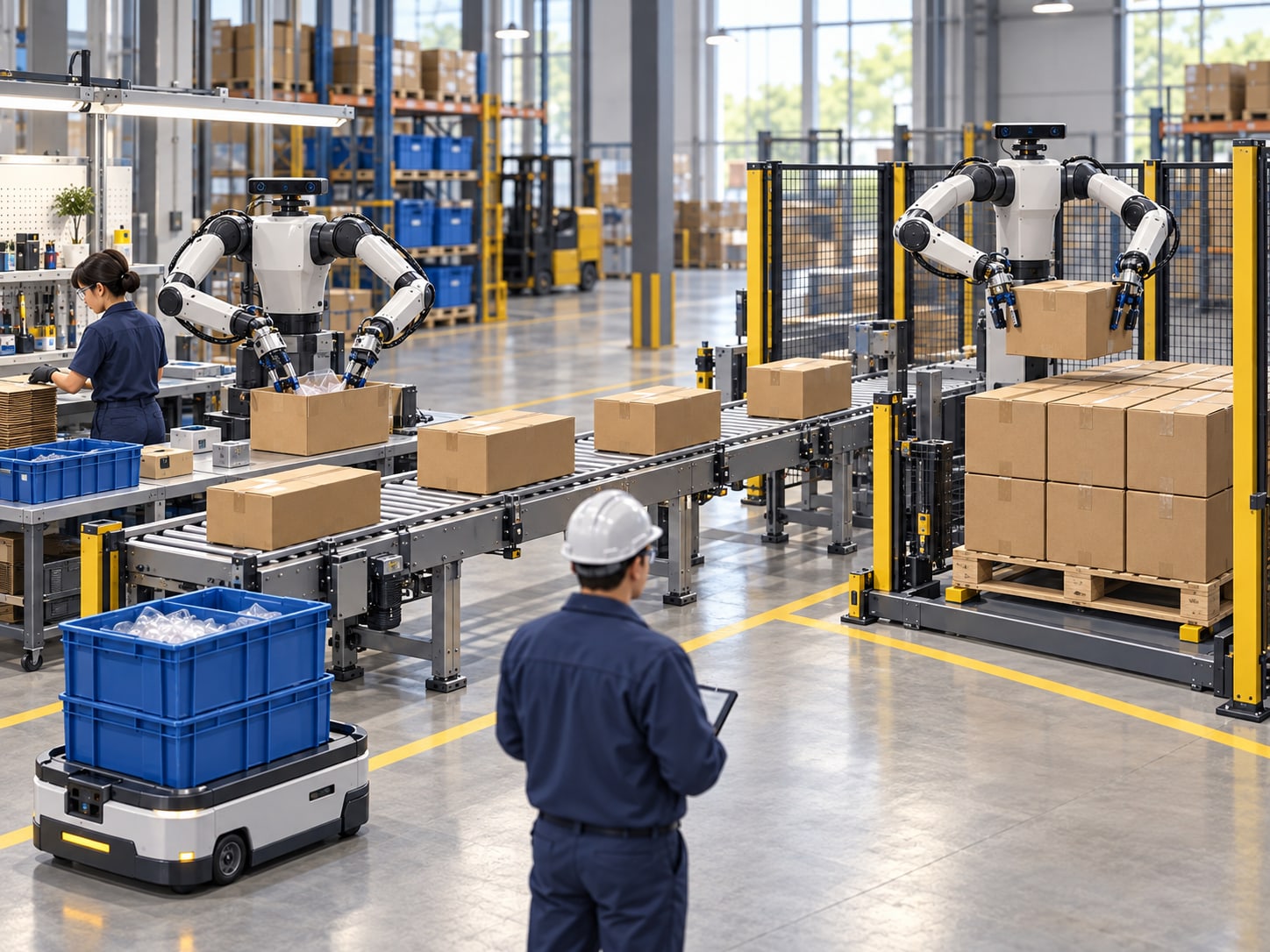 Industrial concept visualization of two dual-arm robots packing and palletizing cartons beside an autonomous mobile carrier.