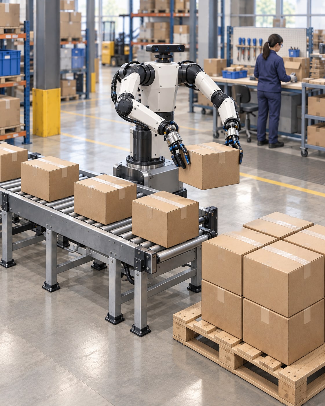Industrial concept visualization of a dual-arm robot transferring a sealed carton from a conveyor outfeed to a dispatch pallet.