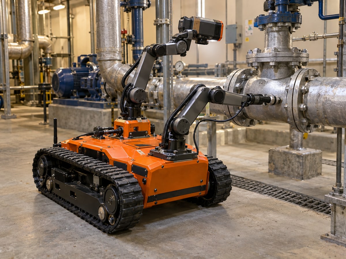 Industrial concept visualization of a tracked two-arm inspection rover positioning a thermal camera and a pipe inspection probe.