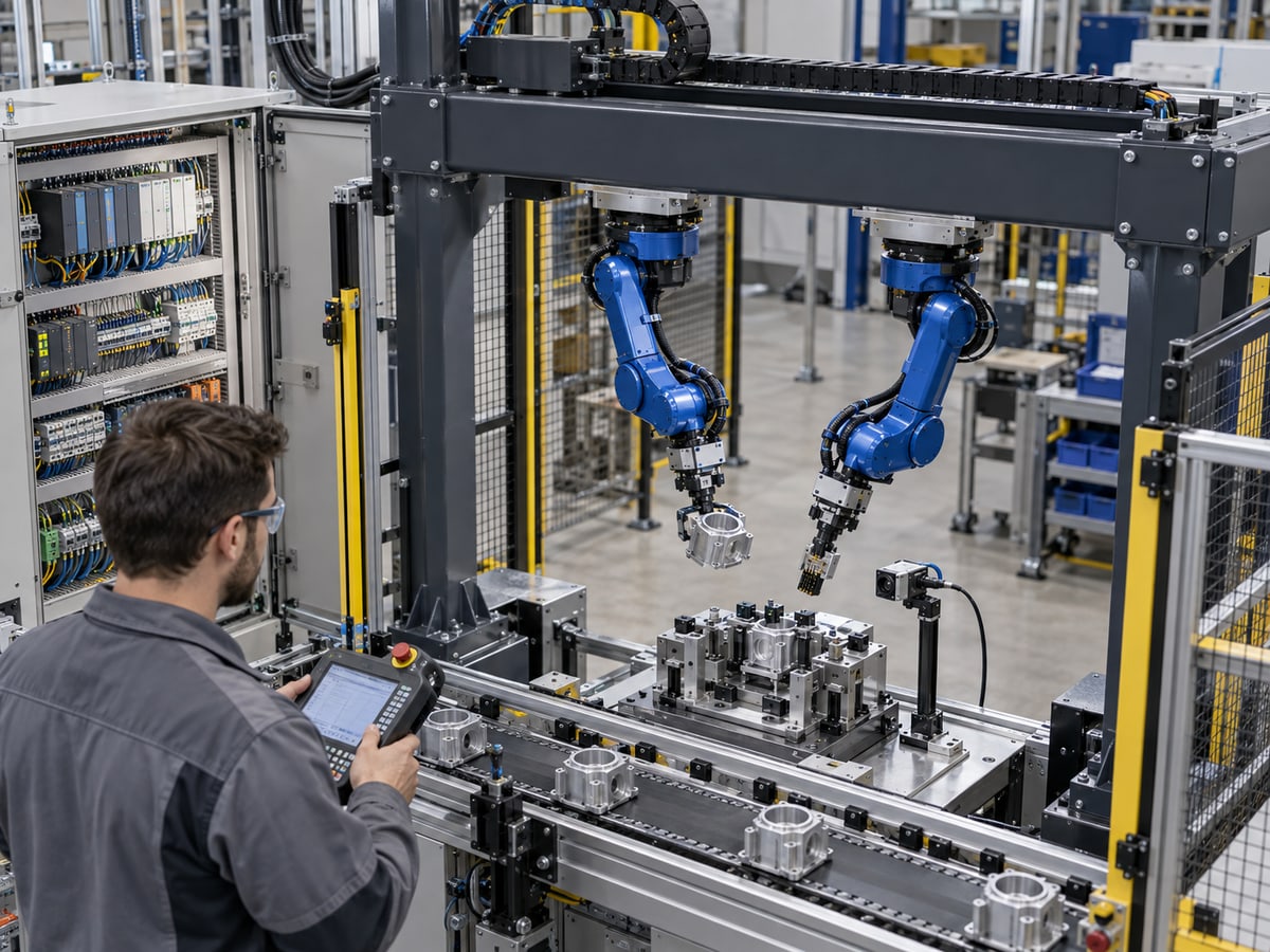 Industrial concept visualization of an engineer commissioning an overhead two-arm gantry cell connected to a control cabinet.