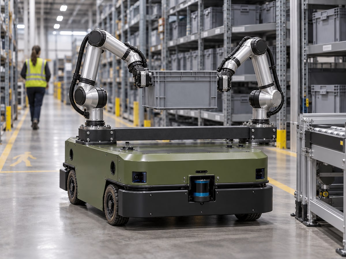 Industrial concept visualization of a wheeled two-arm platform carrying a warehouse tote, with both arms mounted on a common crossbeam.