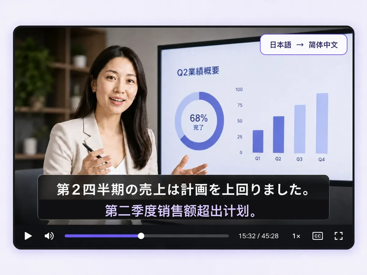 商务演示视频显示清晰的日文原文与简体中文字幕，并带有完整播放控件