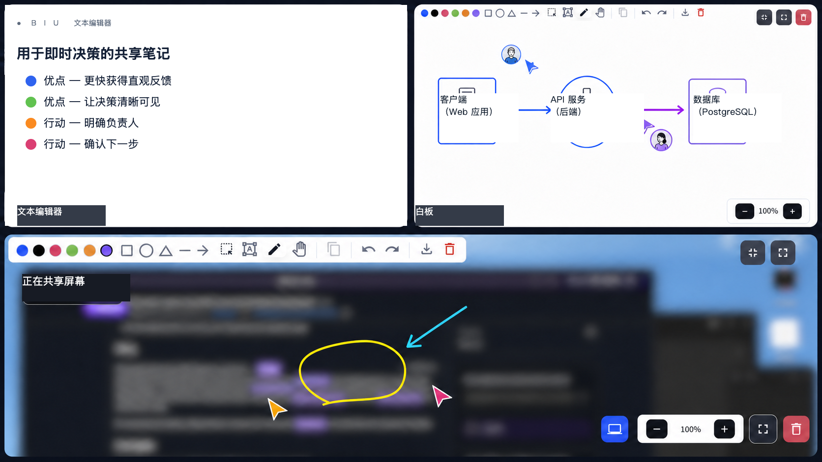 经过隐私处理的 VoicePing 协作界面拼贴图，展示共享决策记录、两人在架构白板上进行标记，以及在演示画面上添加的批注
