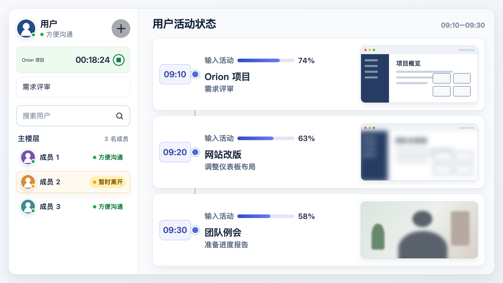 VoicePing 管理者视图示意图，展示成员侧栏、当前项目计时器、成员状态和三阶段工作日活动时间线，包括桌面截图、隐私模糊图和摄像头截图